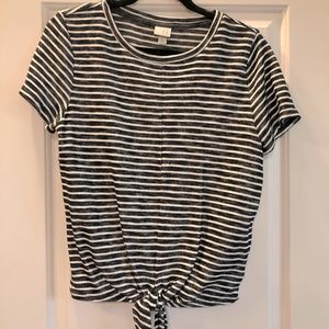 Womens front-tie black & white striped washed casual top